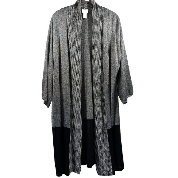 Chicos Women's Sweater Open Cardigan Long Medium Black Gray Lightweight Knit 3/4 - Picture 1 of 7